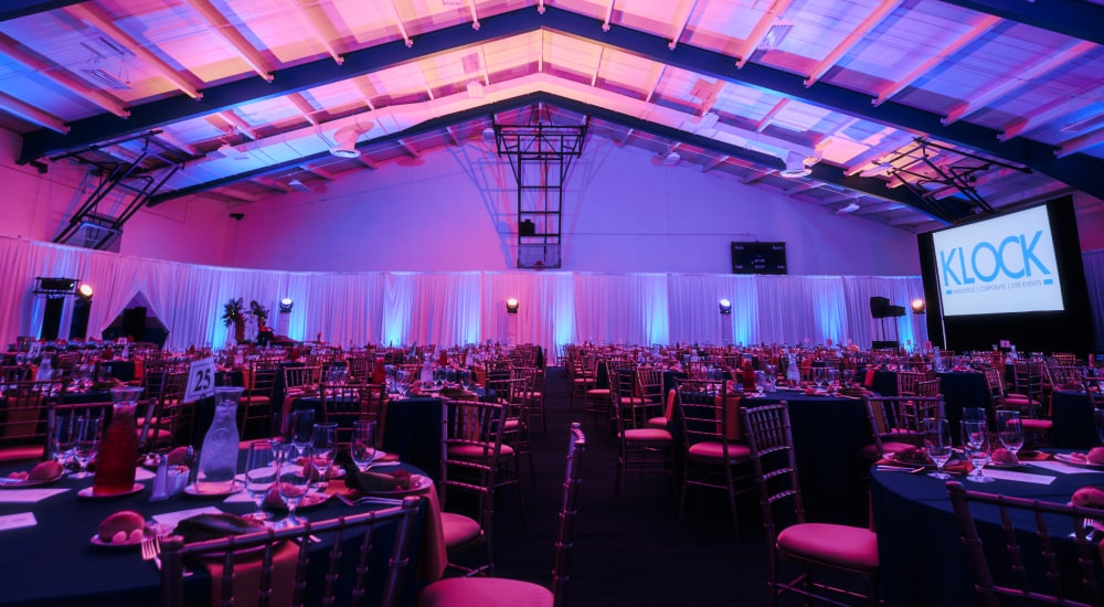 Corporate production set up washed in purples and blues