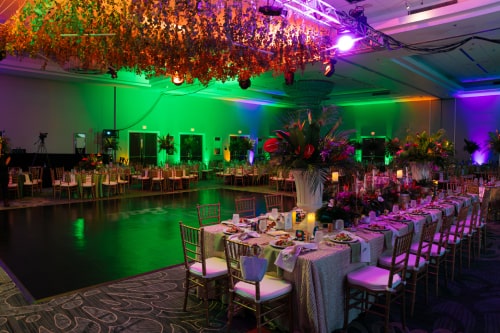 Ballroom lit in greens and pinks with floral arrangements hanging from a truss structure on the ceiling above the dance floor.