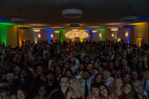 Large crowd of students posing for an image